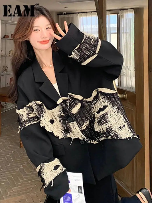EAM Women Black Knit Spliced Big Size Irregular Blazer New Lapel Long Sleeve Jacket Fashion Tide Spring Autumn 2026 30A2521