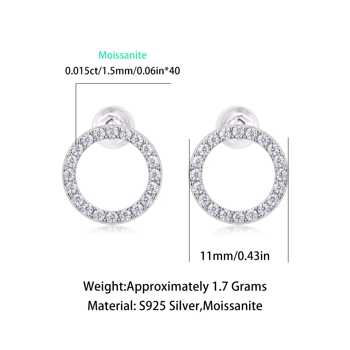 1pair Moissanite Earrings Open Circle Studs 925 Sterling Silver 18K Gold Plated Elegant Jewelry Comes with GRA Certificate