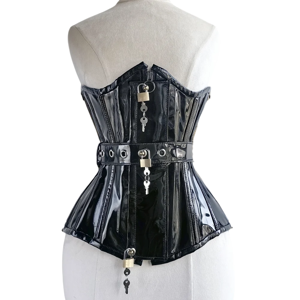 Women Heavy Corset Hand Made Bustier With Locks AndKeys Lace Up Steel Boned Shaping Tops BlacK Patent Leather Gothic Bodices