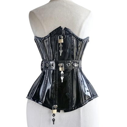 Women Heavy Corset Hand Made Bustier With Locks AndKeys Lace Up Steel Boned Shaping Tops BlacK Patent Leather Gothic Bodices