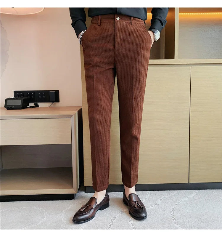 Fashion Business Casual Men's Pants Cropped Pants Waffle Pattern New Trend Spring Summer Casual Trousers Dark Green White 28-38