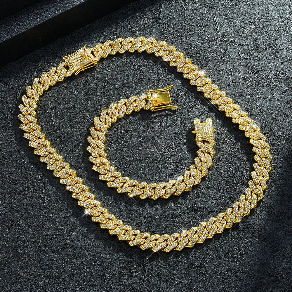 Fashion Hip Hop Square 14MM Cuban Link Necklace Men Gold Color Women Rhinestone Iced Out Cuban Chain Punk Jewelry Necklaces Gift