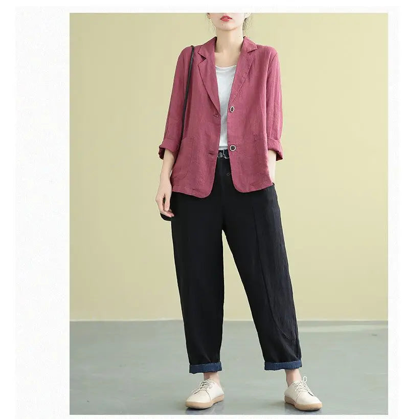 Spring Autumn Cotton Linen Loose Casual Blazers Female Long Sleeve Elegant Fashion Cardigan Suit Women's All-match Coat Jacket