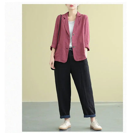 Spring Autumn Cotton Linen Loose Casual Blazers Female Long Sleeve Elegant Fashion Cardigan Suit Women's All-match Coat Jacket