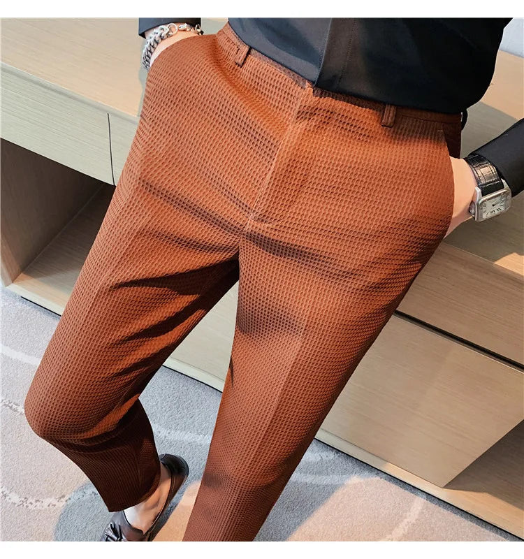 Fashion Business Casual Men's Pants Cropped Pants Waffle Pattern New Trend Spring Summer Casual Trousers Dark Green White 28-38