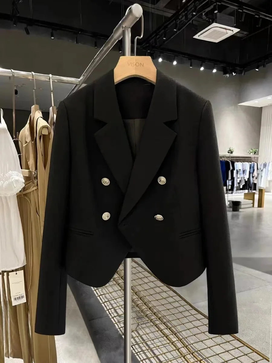 Casual Black Women's Small Suit Jacket 2025 New Spring Autumn Korean Design Sense Polyester Fiber Full Sleeve Solid Color