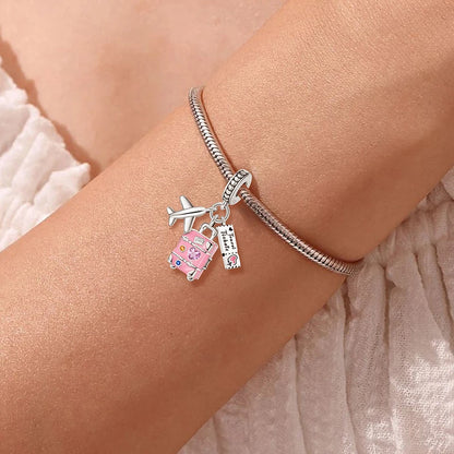 925 Sterling Silver Pink Luggage Rainbow Life Travel Charms Bead Diy Bracelet Bangle Making Gift Of High Quality Fine Jewelry