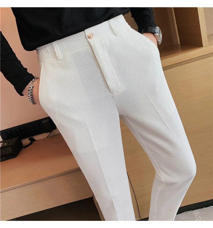 Fashion Business Casual Men's Pants Cropped Pants Waffle Pattern New Trend Spring Summer Casual Trousers Dark Green White 28-38