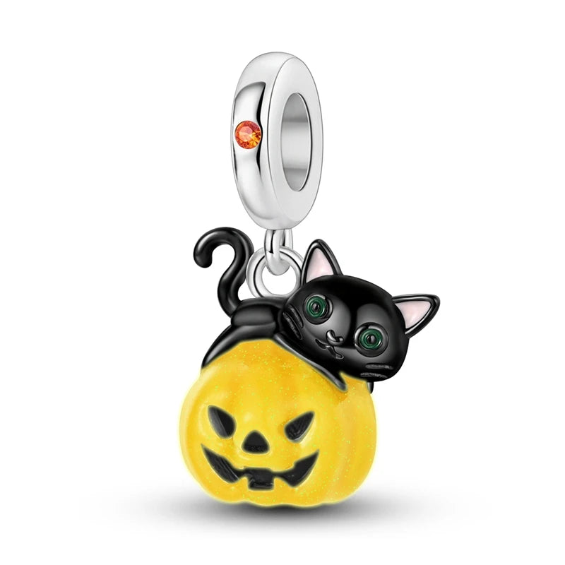 2025 New Halloween Charm Emit Light Bead 925 Sterling Silver Pumpkin Witch Skull Charm Fit Bracelet Pendant Women Jewelry Making