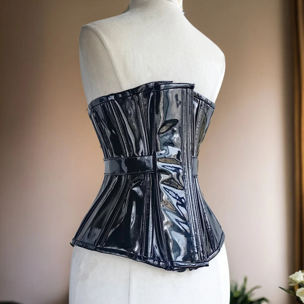 Women Heavy Corset Hand Made Bustier With Locks AndKeys Lace Up Steel Boned Shaping Tops BlacK Patent Leather Gothic Bodices