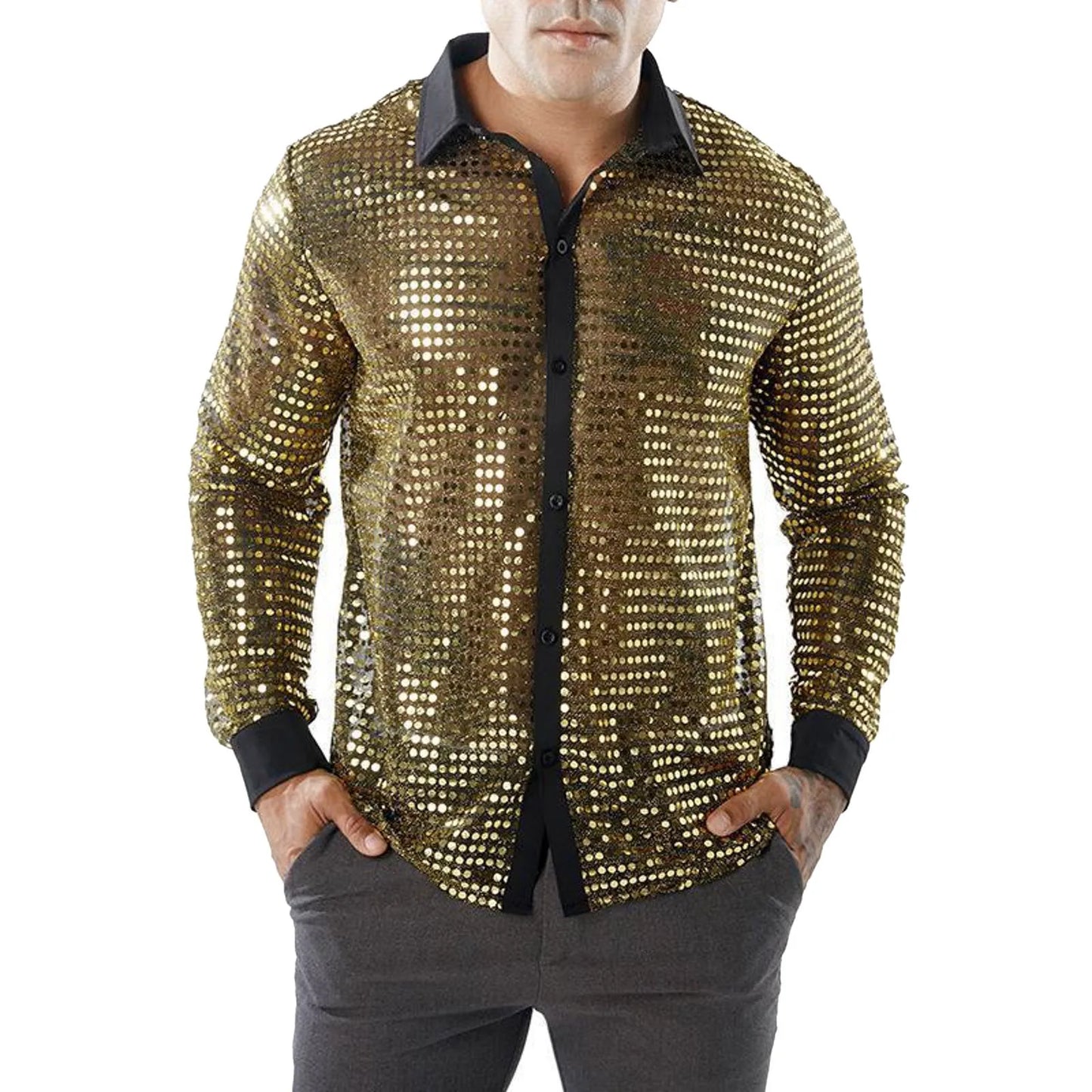 Glitter Sequin Shirt Men's Long Sleeved Performance Wear 70s Disco Lapel Neck Slimming Sparkle Compression Shirts With Button