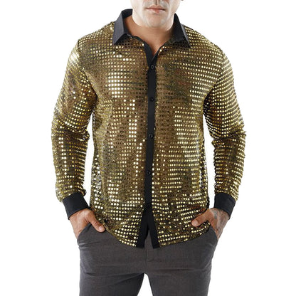 Glitter Sequin Shirt Men's Long Sleeved Performance Wear 70s Disco Lapel Neck Slimming Sparkle Compression Shirts With Button