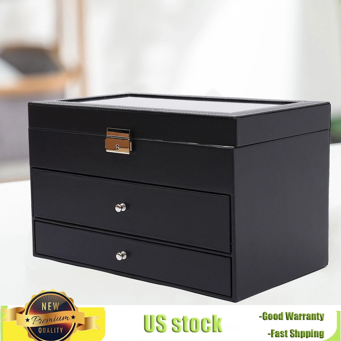 Bymaocar Black 3-Tier Drawer Jewelry Box, 12-Slot Watch Organizer W/ PU Leather & Metal Clasp, Eyeglass & Sunglass Storage Case