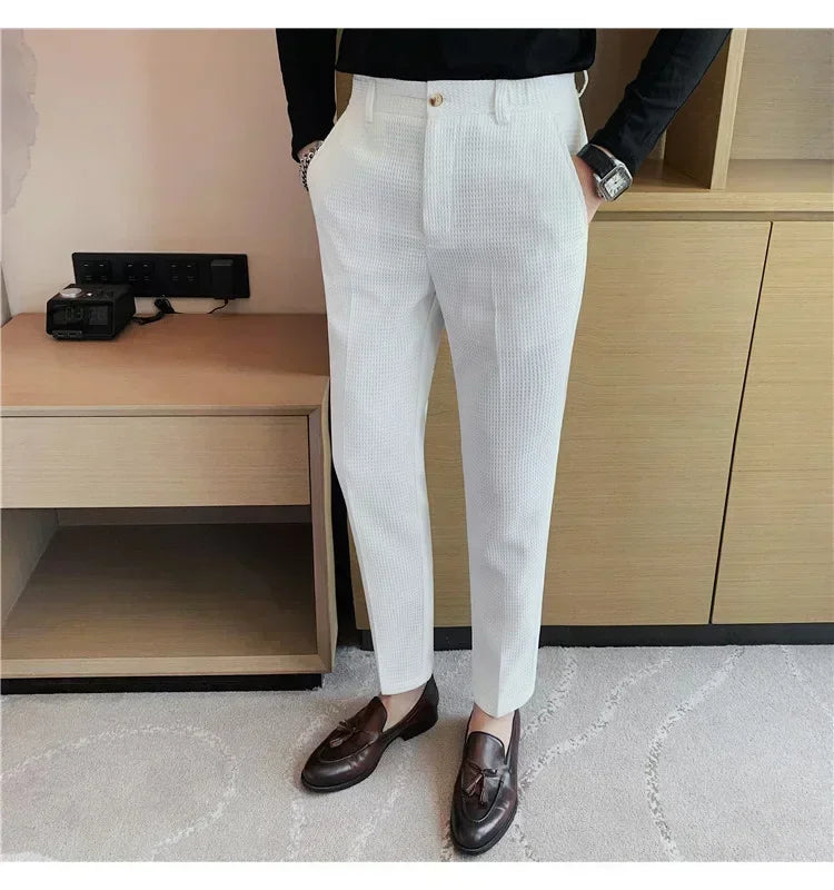 Fashion Business Casual Men's Pants Cropped Pants Waffle Pattern New Trend Spring Summer Casual Trousers Dark Green White 28-38