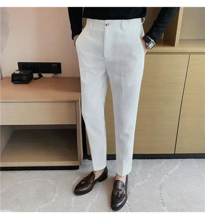 Fashion Business Casual Men's Pants Cropped Pants Waffle Pattern New Trend Spring Summer Casual Trousers Dark Green White 28-38