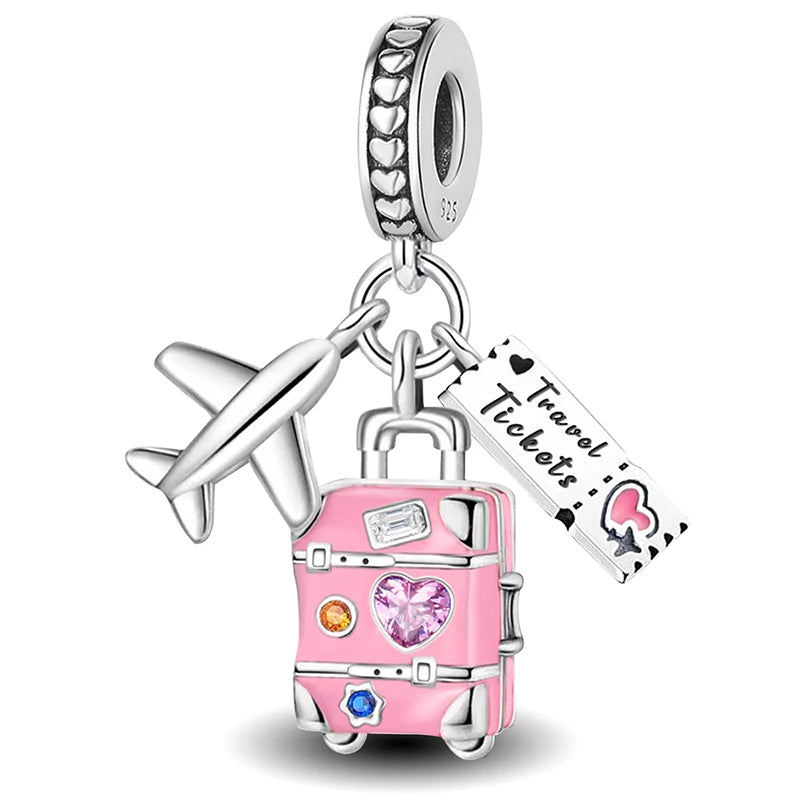 925 Sterling Silver Pink Luggage Rainbow Life Travel Charms Bead Diy Bracelet Bangle Making Gift Of High Quality Fine Jewelry