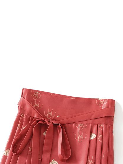 Women s Horse Face Skirt Elegant Phoenix Character Flower Print Pleated Tie Up A-Line Long Swing Skirt National Clothing