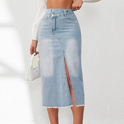 Women Mid Length Jean Skirt With Pockets High Waist Front Split Bodycon Striaght Skirts Women's Washed Light Color Jean Skirt