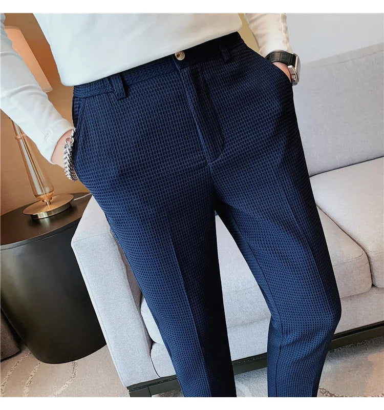 Fashion Business Casual Men's Pants Cropped Pants Waffle Pattern New Trend Spring Summer Casual Trousers Dark Green White 28-38
