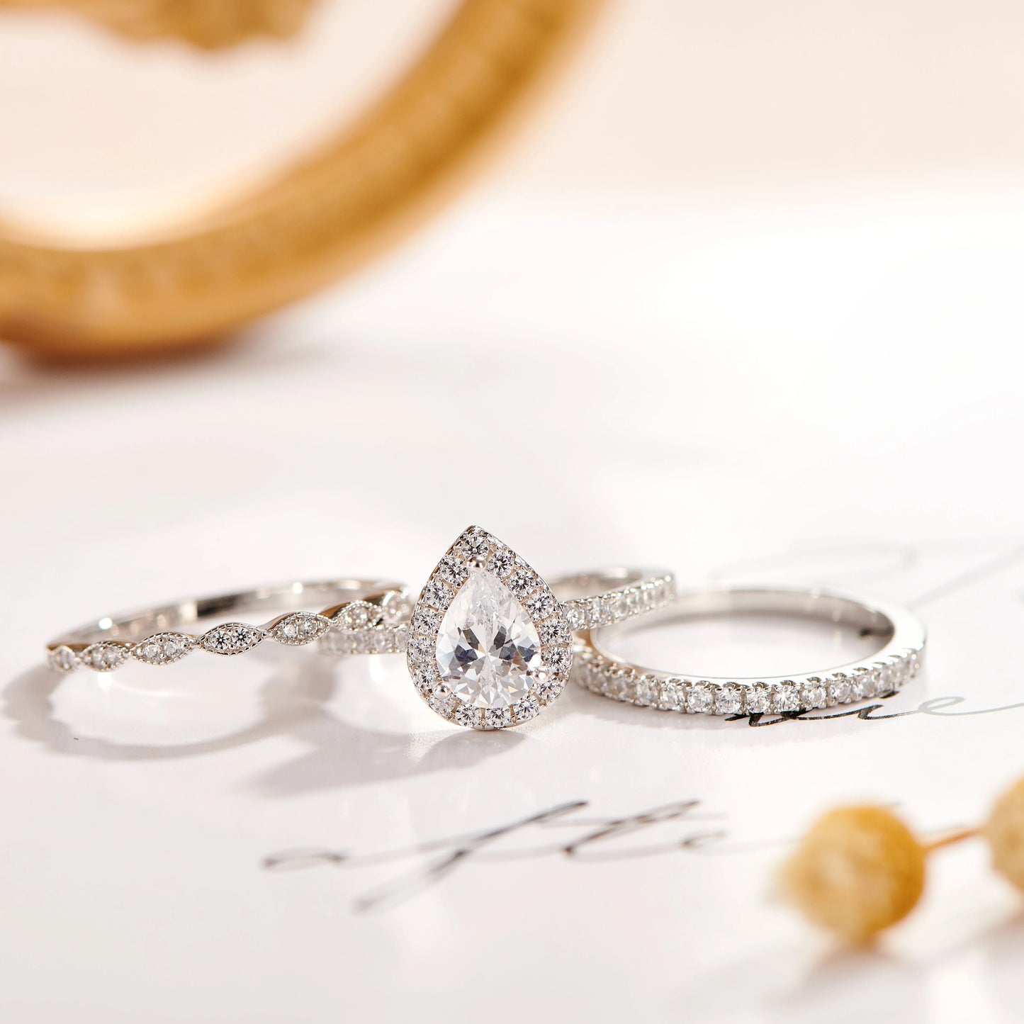 Newshe 3 Pieces 925 Sterling Silver Engagement Ring Set for Women Water Drop AAAAA Zircons Eternity Wedding Bands BR1079