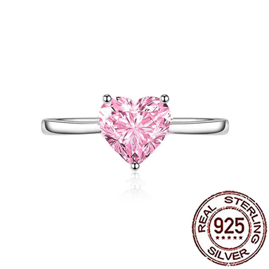 QooLady 925 Sterling Silver Pink Cubic Zirconia Romantic Love Heart Shape Cut Rings for Women Valentine's Day Jewelry Gift SR046