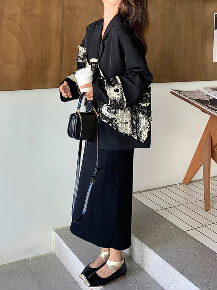 EAM Women Black Knit Spliced Big Size Irregular Blazer New Lapel Long Sleeve Jacket Fashion Tide Spring Autumn 2026 30A2521