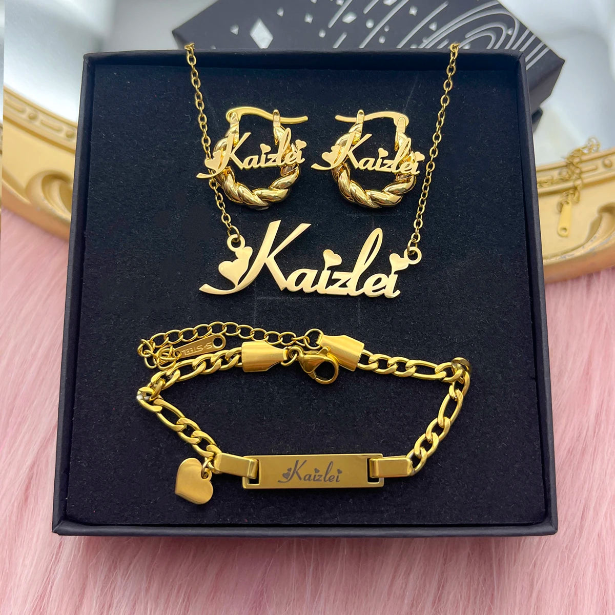 Personalized Name Kids Set Necklace Custom Letter Bracelet Stainless Steel Mini Earrings Gift for Kids