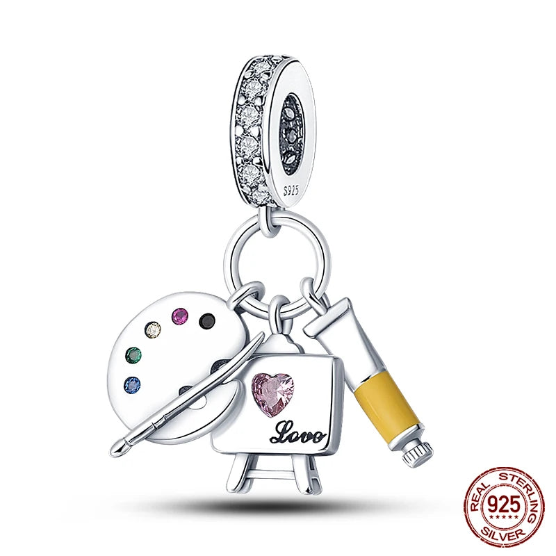925 Sterling Silver Artist Brush Tools Color Palette Oil Painting Charms Beads Fit Qikaola Original Bracelets DIY Jewelry Gifts