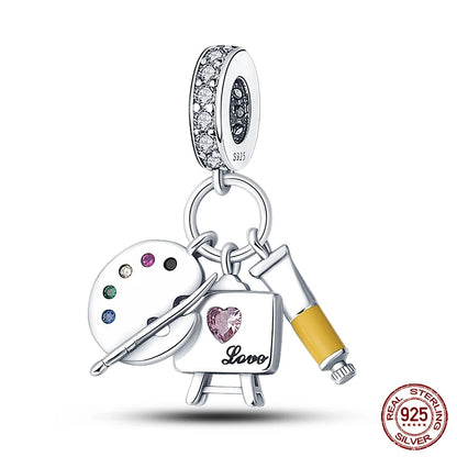 925 Sterling Silver Artist Brush Tools Color Palette Oil Painting Charms Beads Fit Qikaola Original Bracelets DIY Jewelry Gifts