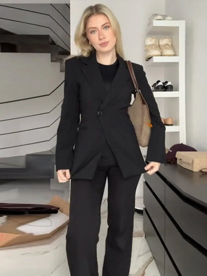 Elegant Black Slim Fit Blazer Jacket Women Retro Lapel Single Breasted Suit Jackets Female 2025 Chic Versatile Street Office