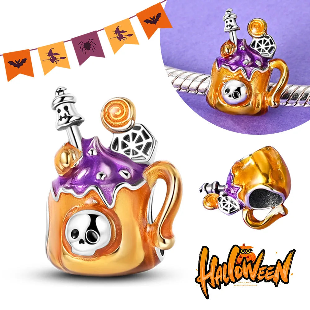 2025 New Halloween Charm Emit Light Bead 925 Sterling Silver Pumpkin Witch Skull Charm Fit Bracelet Pendant Women Jewelry Making