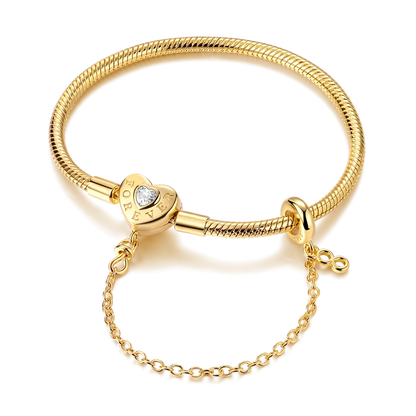 925 Sterling Silver Bracelets 17-20CM Original Golden Sparkling Heart Shaped Bracelet Fit DIY Charms Beads Fashion Women Jewelry