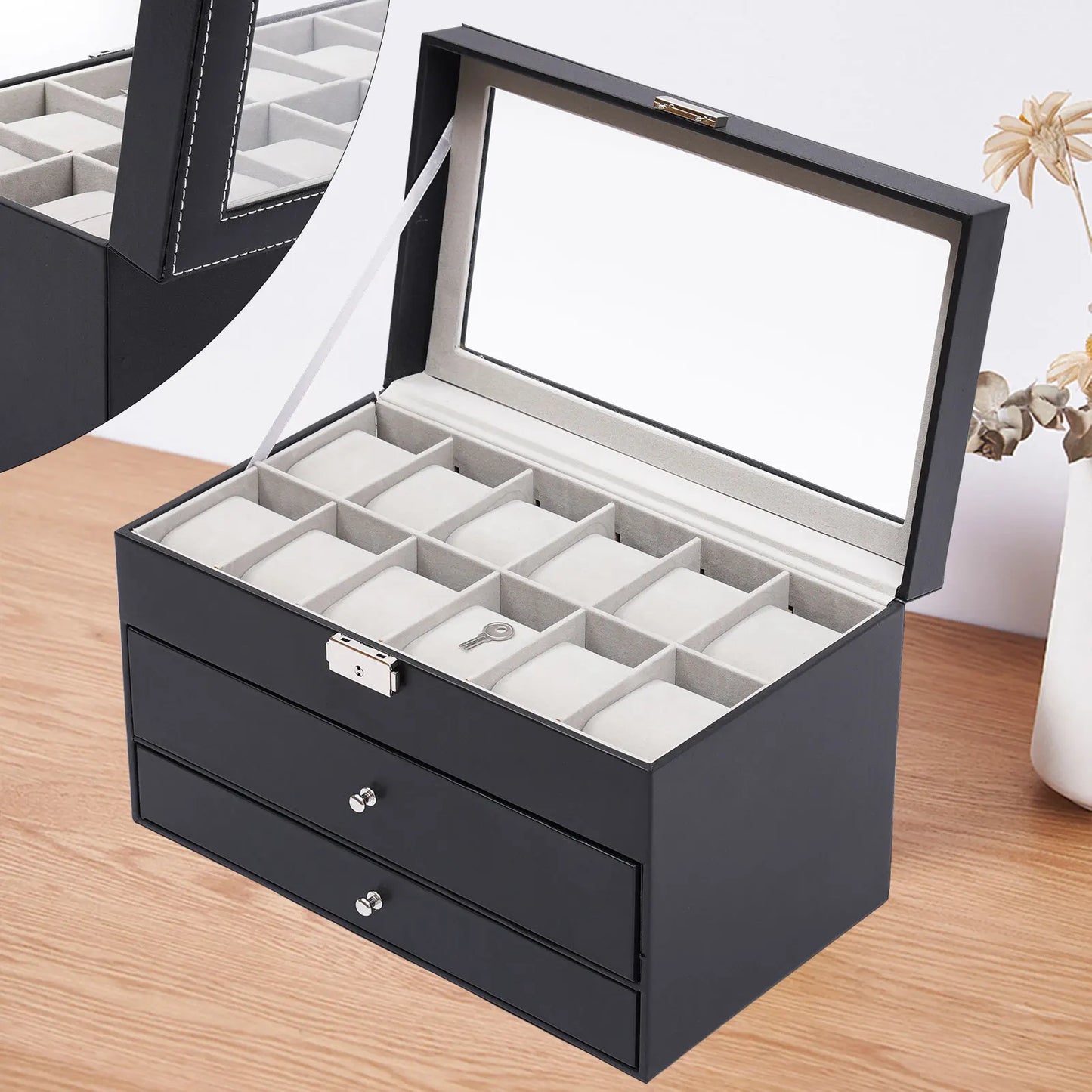 Bymaocar Black 3-Tier Drawer Jewelry Box, 12-Slot Watch Organizer W/ PU Leather & Metal Clasp, Eyeglass & Sunglass Storage Case