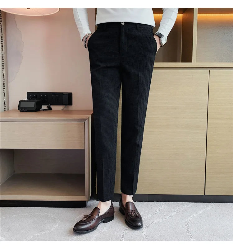 Fashion Business Casual Men's Pants Cropped Pants Waffle Pattern New Trend Spring Summer Casual Trousers Dark Green White 28-38