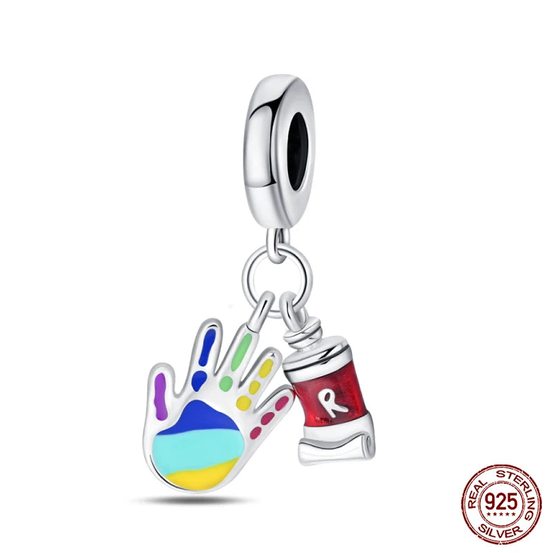 925 Sterling Silver Artist Brush Tools Color Palette Oil Painting Charms Beads Fit Qikaola Original Bracelets DIY Jewelry Gifts