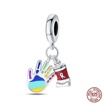 925 Sterling Silver Artist Brush Tools Color Palette Oil Painting Charms Beads Fit Qikaola Original Bracelets DIY Jewelry Gifts