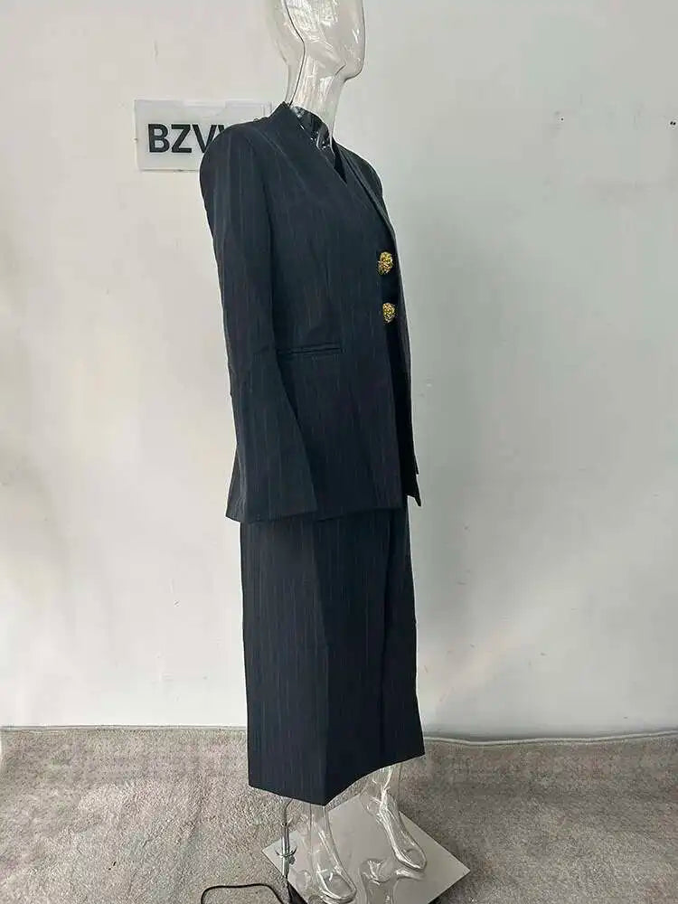 BZVW Women's 2 Pieces Sets Fashion Striped Suit Jacket V-neck Sleeveless Single Breasted Slit Dress Autumn 2025 New 5R5493