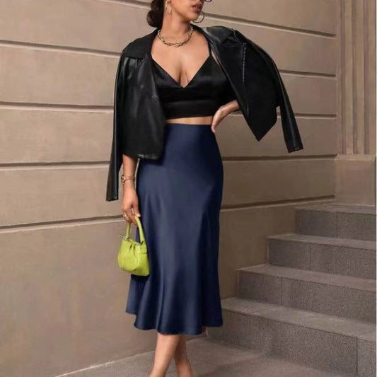 Luxury Elegant Silk Satin Skirt Women'S Solid Color Slim Fit Fishtail Skirts French Elegant High Waisted Pleated Long Skirt
