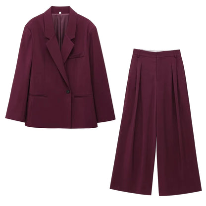 KONDALA Vintage Chic Office Lady Red Solid Women Suit Notched Single Button Pockets Blazer Straight Loose Pants Fashion 2025 Set