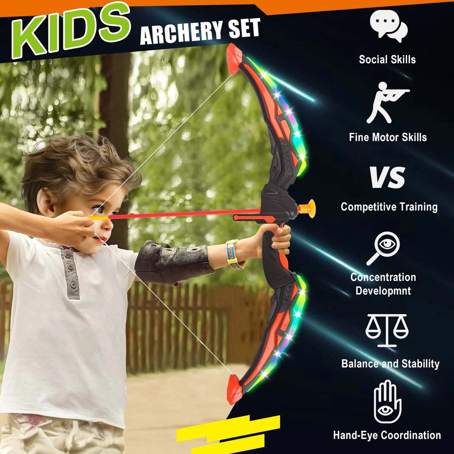 2 Bow and Arrow Sets with LED Light-up, 2 Foam Dart Guns for Kids 5 6 7 8 9 10+, Archery Set with Standing Target for Boys Girls