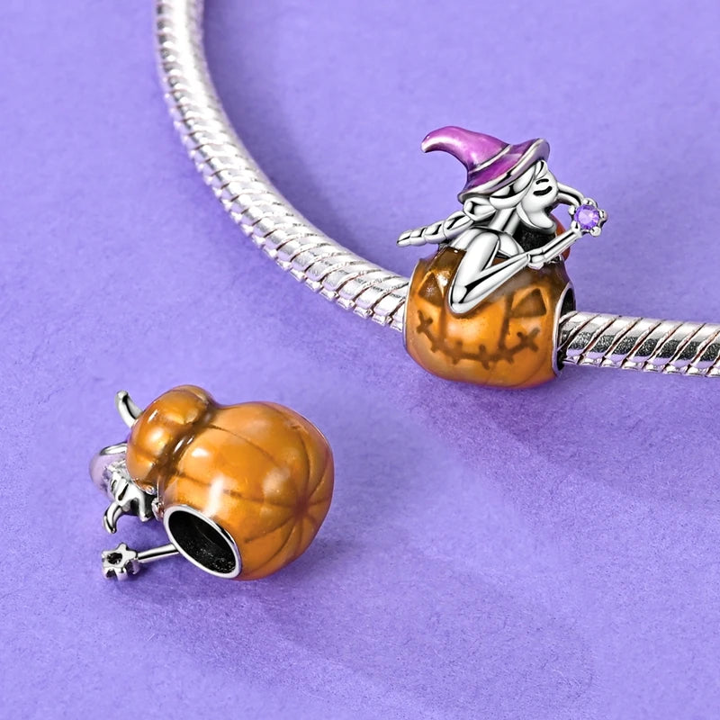 2025 New Halloween Charm Emit Light Bead 925 Sterling Silver Pumpkin Witch Skull Charm Fit Bracelet Pendant Women Jewelry Making