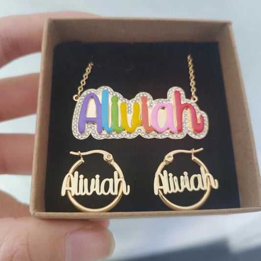 LeeChee Enamel Colorful Custom Name Necklace 20mm Round Hoop Earrings Cute Jewelry Set Anniversary Gift
