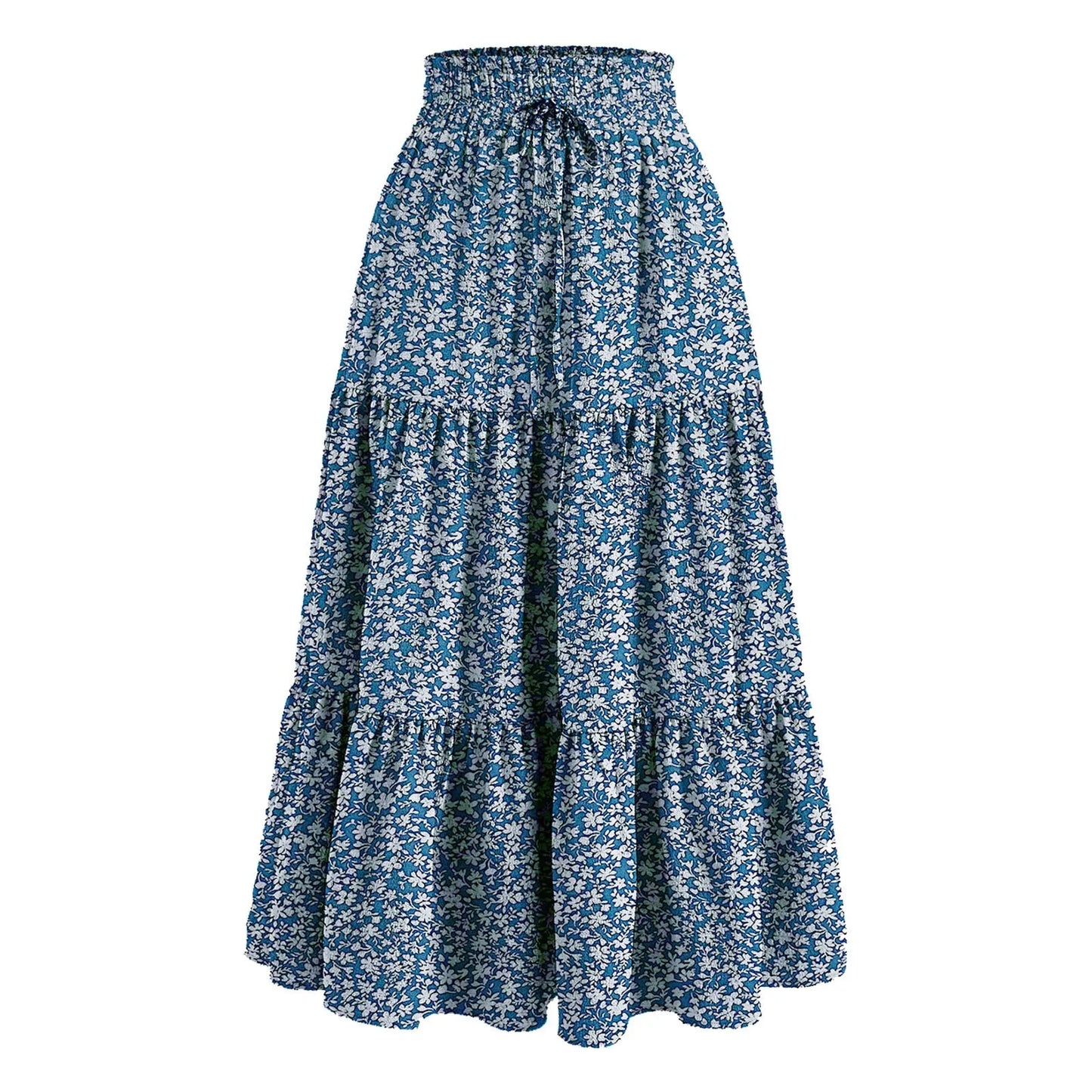 Women's Boho Floral Print Skirt Vintage High Waist Maxi Skirts Summer Casual Loose Beach Skirt Elegant Ladies Flowy Ruffle Skirt