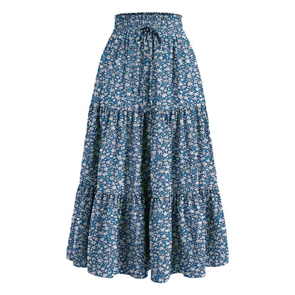 Women's Boho Floral Print Skirt Vintage High Waist Maxi Skirts Summer Casual Loose Beach Skirt Elegant Ladies Flowy Ruffle Skirt