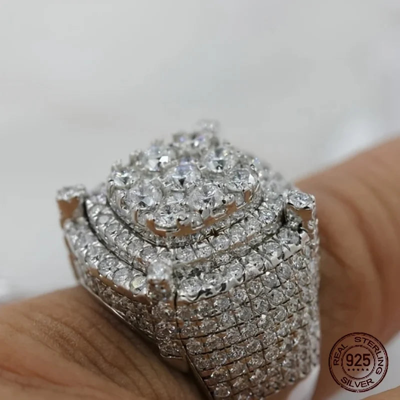 3Ct Men's 925 Sterling Silver Cluster Engagement Ring Luxury Platinum Plated Square Icy Out Hip Hop Rock Rings Jewelry