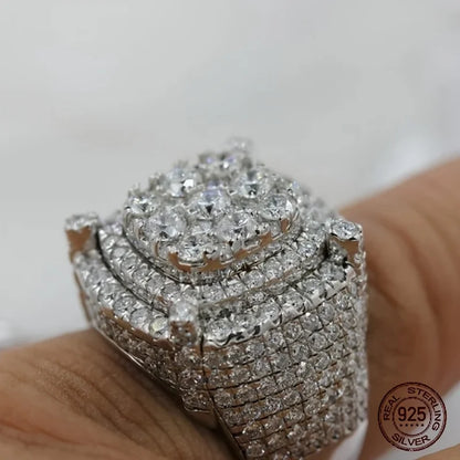 3Ct Men's 925 Sterling Silver Cluster Engagement Ring Luxury Platinum Plated Square Icy Out Hip Hop Rock Rings Jewelry