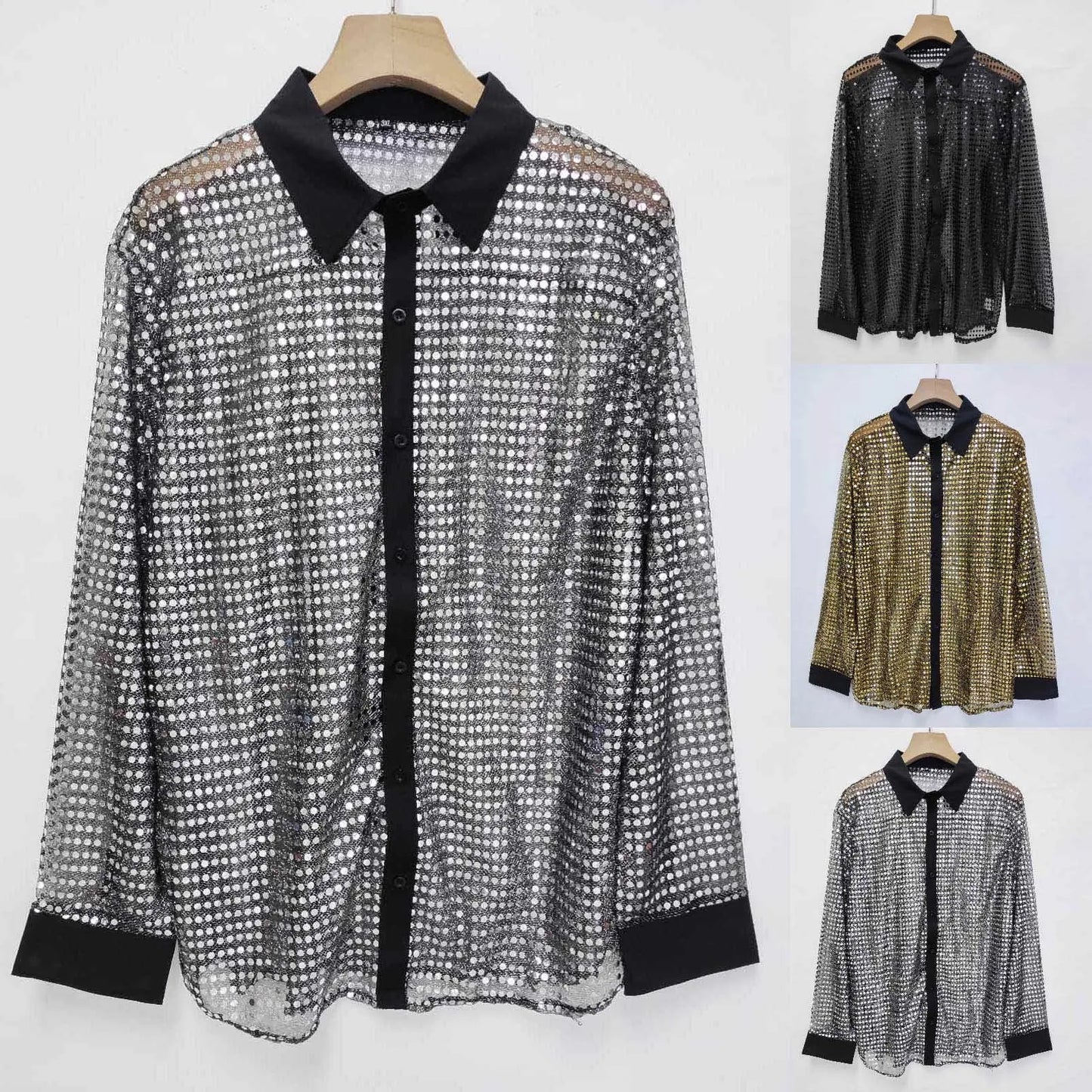 Glitter Sequin Shirt Men's Long Sleeved Performance Wear 70s Disco Lapel Neck Slimming Sparkle Compression Shirts With Button