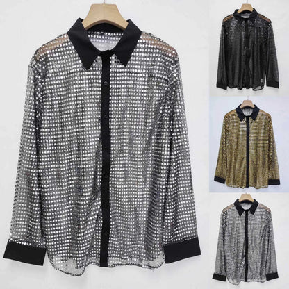Glitter Sequin Shirt Men's Long Sleeved Performance Wear 70s Disco Lapel Neck Slimming Sparkle Compression Shirts With Button