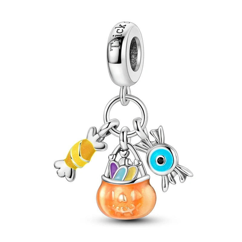2025 New Halloween Charm Emit Light Bead 925 Sterling Silver Pumpkin Witch Skull Charm Fit Bracelet Pendant Women Jewelry Making
