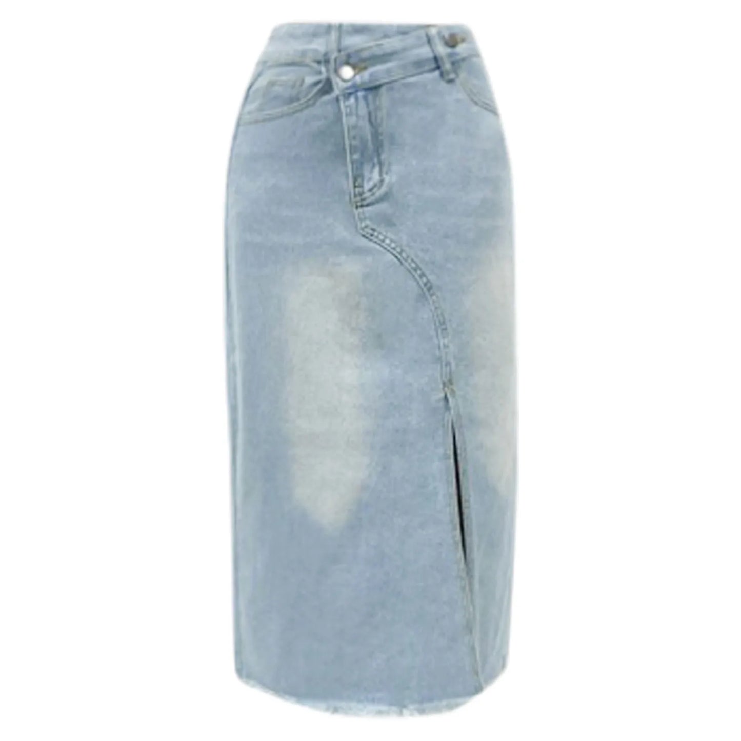 Women Mid Length Jean Skirt With Pockets High Waist Front Split Bodycon Striaght Skirts Women's Washed Light Color Jean Skirt